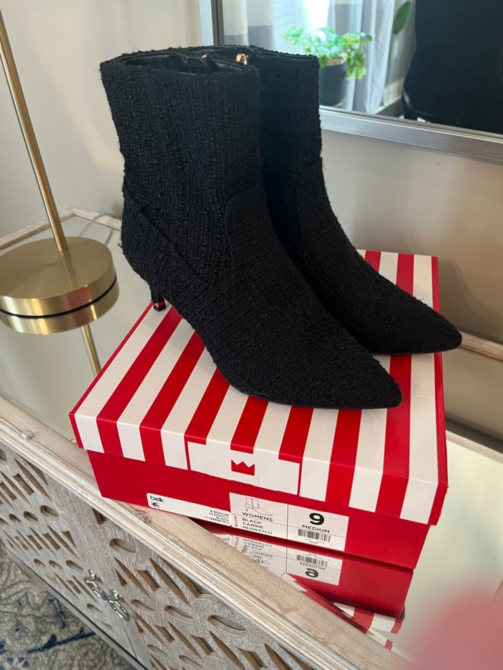 Black Pointed Toe Boucle Knit Ankle Boots - Women's Size 9